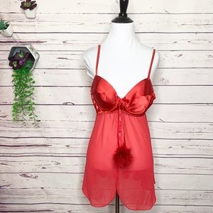 Vintage Red Satin Sheer Lace Babydoll Lingerie with Poms Size Medium
